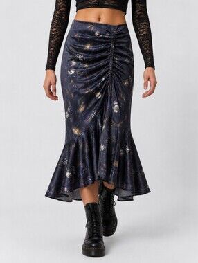 Reserved Ruched Satin Midi Skirt Dark Floral Ruffle Hem EU 36
